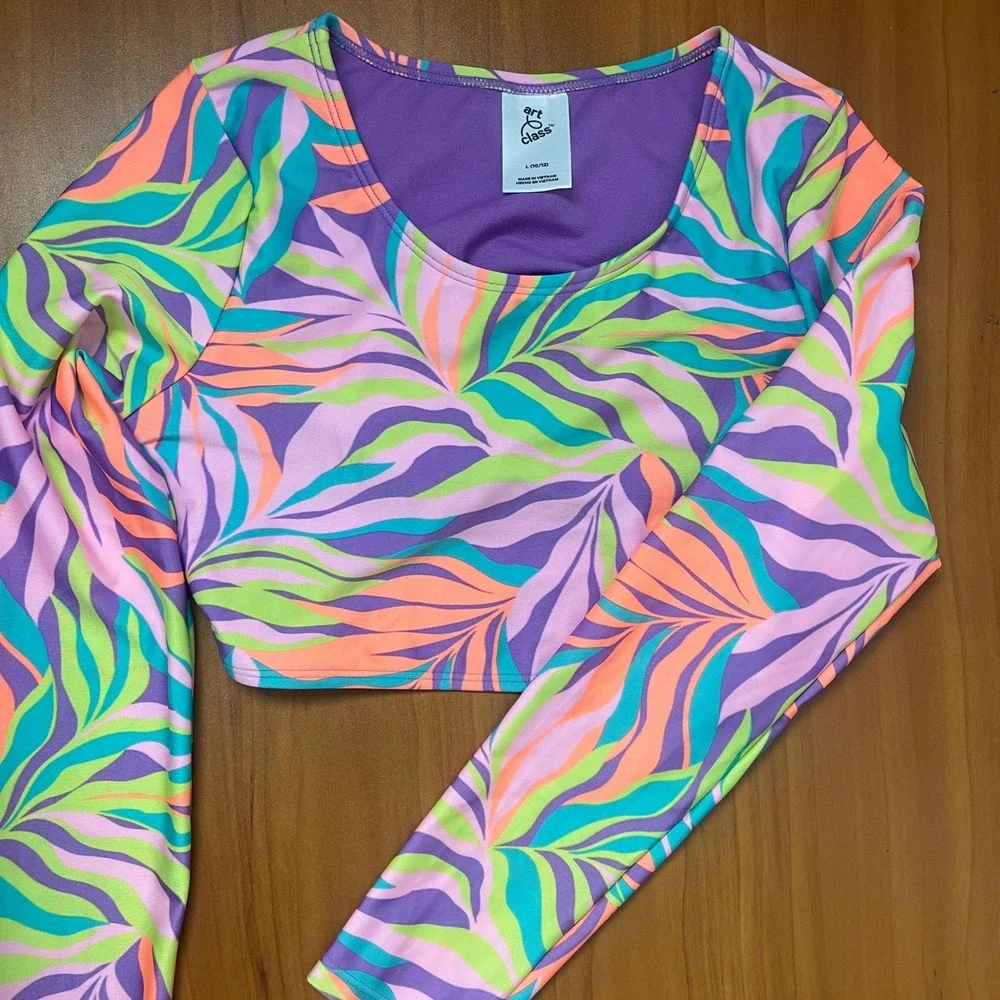 Art Class Girls Long Sleeve Rash Guard Swim Top Tropical Leaf Print Purple Large